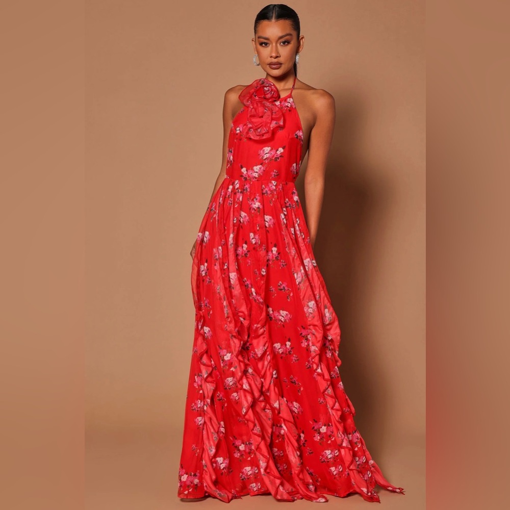 NWT Red Floral Maxi Dress with Ruffles